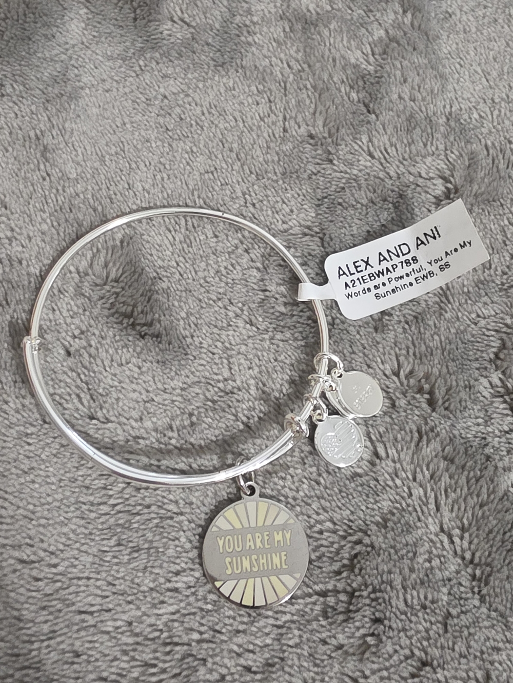 Alex and Ani Silver and Pale Yellow 'You Are My Sunshine' Charm Bangle